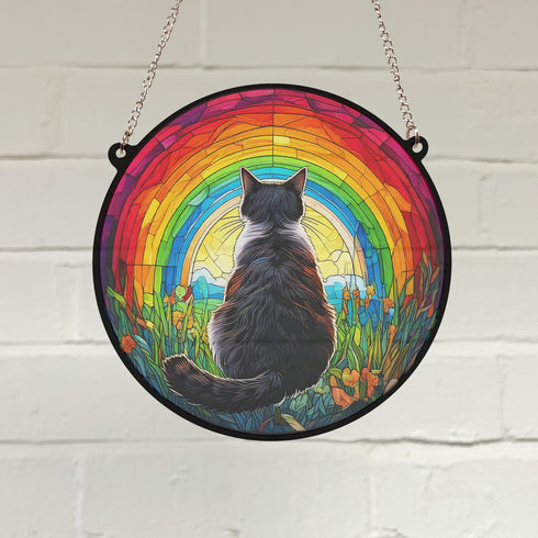 Black & White Cat Rainbow Bridge Stained Glass Effect Suncatcher